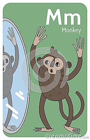 Monkey M letter. A-Z Alphabet collection with cute cartoon animals in 2D.Monkey standing with raised arms and looking Vector Illustration