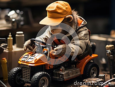 Monkey mechanic fixing toy car photographed with 50mm lens Stock Photo