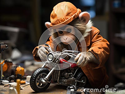 Monkey mechanic working on toy car 6 words Stock Photo