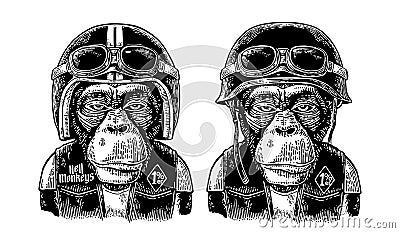 Monkey in the motorcycle helmet and glasses. Vintage black engraving Vector Illustration