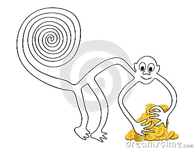 Monkey with a pile of golden coins - a paraphrase of the famous geoglyph The Monkey from Nazca Vector Illustration