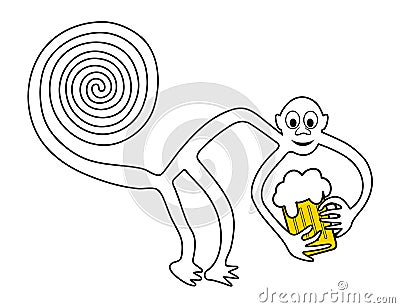 Monkey with pint of beer - paraphrase of the famous geoglyph of the Monkey from Nazca Vector Illustration