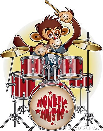 Monkey playing on drum set Vector Illustration