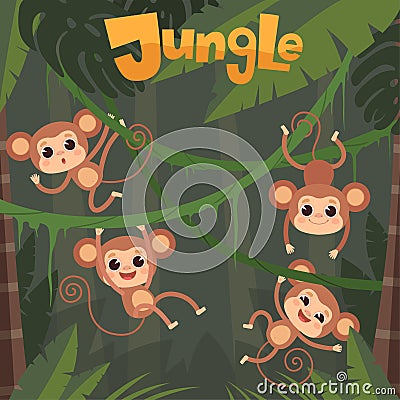 Monkey playing. Little wild animals sitting and eating banana on jungle tree vector chimpanzee cartoon background Vector Illustration