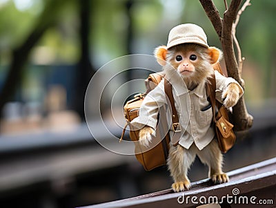 Monkey postman with mailbag on tree branch Stock Photo