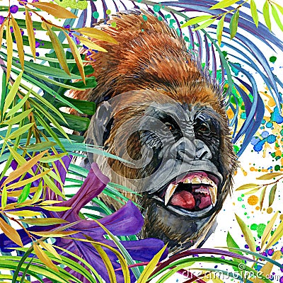 Monkey in the rainforest. watercolor tropical nature illustration. wildlife. Cartoon Illustration