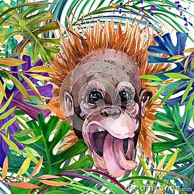 Monkey in the rainforest. watercolor tropical nature illustration. wildlife. Cartoon Illustration