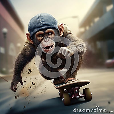 Monkey rides a skateboard Stock Photo