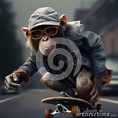Monkey rides a skateboard Stock Photo