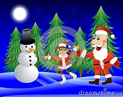 Monkey , Santa Claus and snowman on the edge of the forest Vector Illustration