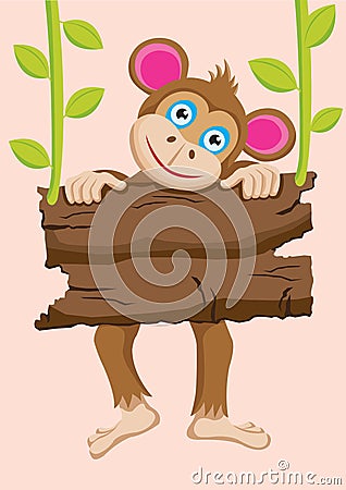 Monkey With Signboard Vector Illustration