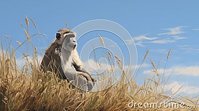 Hyperrealistic Monkey Portrait In A Serene Grass Field Stock Photo