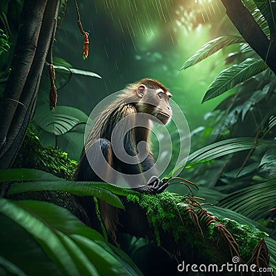 Monkey sitting on a branch in the rainforest. Macaca fascicularis Generative AI Stock Photo