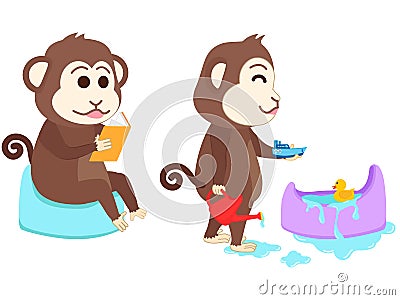 Monkey sitting on potty read a book and playing Vector Illustration