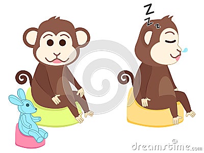 Monkey sitting on potty sleeping and playing Vector Illustration