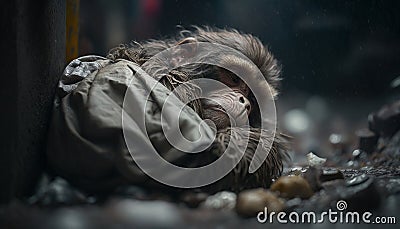 A monkey sleeps among the piles of plastic waste and the rain. concept of saving the world. Generative AI Stock Photo