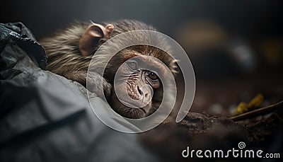 A monkey sleeps among the piles of plastic waste and the rain. concept of saving the world. Generative AI Stock Photo