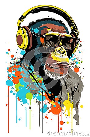 Monkey smile wear cool glasses, Pop art color style chimpanzee head with paint splatter Cartoon Illustration