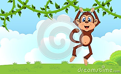 Monkey swinging on vines cartoon in a garden for your design Vector Illustration