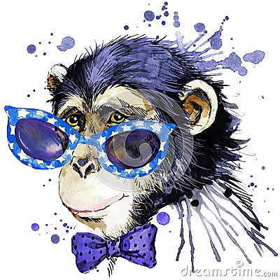 Monkey T-shirt graphics. monkey illustration with splash watercolor textured background. unusual illustration watercolor monkey f Cartoon Illustration