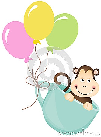 Monkey in teacup with balloons Vector Illustration