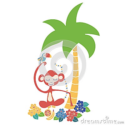 Monkey and toucan tropical vector illustration. Cute jungle animals sitting under a palm tree. Use for kids market, decor, Vector Illustration