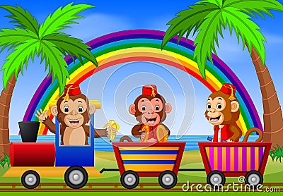 Monkey on the train with rainbow illustration Vector Illustration