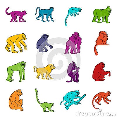 Monkey types icons doodle set Vector Illustration