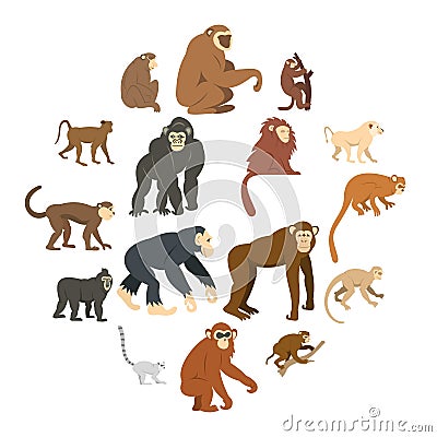 Monkey types icons set in flat style Vector Illustration