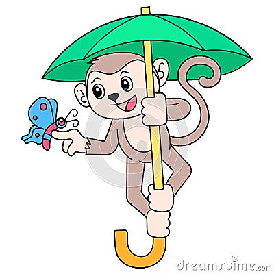 The monkey uses the skydiving parachute to fly, doodle icon image kawaii Vector Illustration