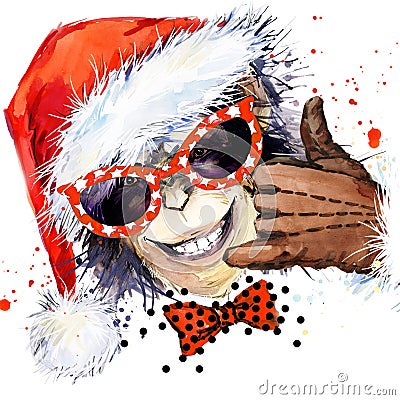 Monkey year. Cool monkey party. watercolor illustration. Monkey Santa Claus. Cartoon Illustration