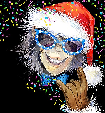 Monkey year. Cool monkey party. watercolor illustration. Monkey Santa Claus. Cartoon Illustration