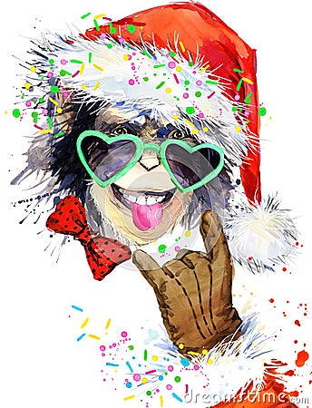 Monkey year. Cool monkey party. watercolor illustration. Monkey Santa Claus. Cartoon Illustration