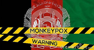 Monkeypox in Afghanistan, Afghanistan Flag with fencing tape with the words warning and monkeypox, Monkeypox infection pandemic Stock Photo