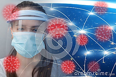 Monkeypox virus, pox monkeys, variola animals, Global infection, epidemic, Woman in mask and protective screen on the background Stock Photo