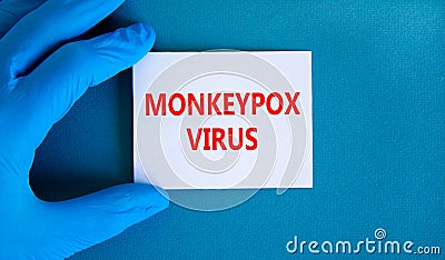 Monkeypox virus symbol. Concept words Monkeypox virus on white card. Doctor hand in blue glove with white card. Medical and Stock Photo