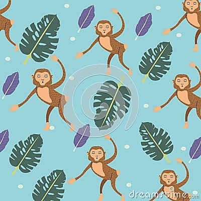 Monkeys animals wild with leafs pattern Vector Illustration