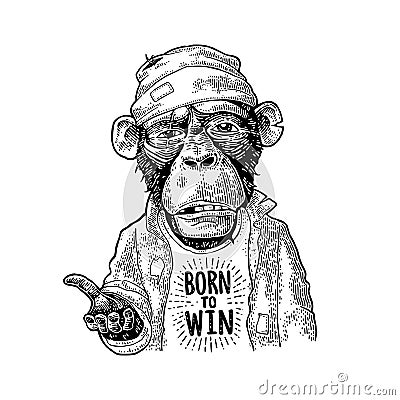 Monkeys begging. Lettering BORN to WIN. Vintage black engraving Vector Illustration