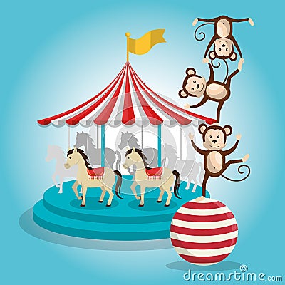 Monkeys and carousel circus show Vector Illustration