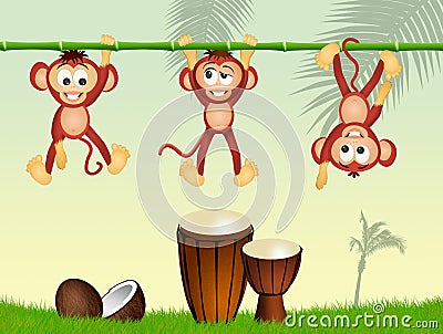 Monkeys and drums in the jungle Stock Photo