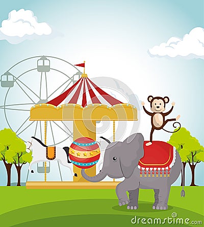 Monkeys and elephant circus show Vector Illustration