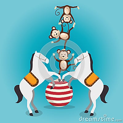 Monkeys and horses circus show Vector Illustration