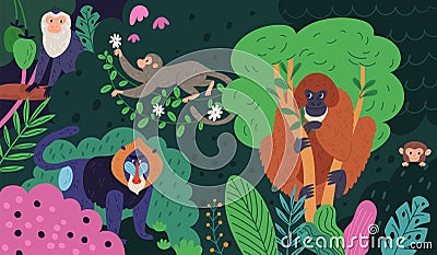 Monkeys in jungle. Funny cartoon animal characters in colorful tropical forest. Exotic primates different breeds Vector Illustration