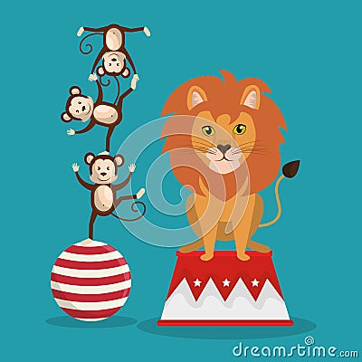 Monkeys and lion circus show Vector Illustration