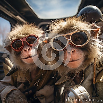 monkeys portrait with sunglasses, Funny animals in a group together looking at the camera, wearing clothes, having fun Stock Photo