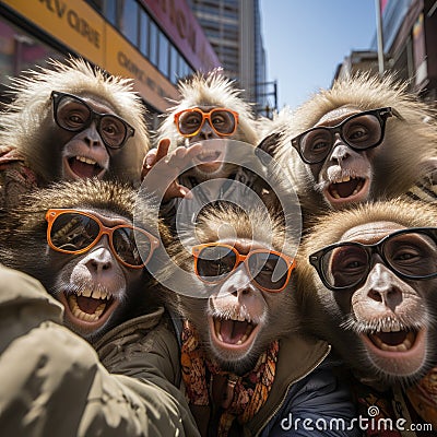 monkeys portrait with sunglasses, Funny animals in a group together looking at the camera, wearing clothes, having fun Stock Photo
