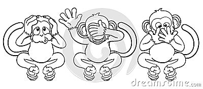 Monkeys See Hear Speak No Evil Cartoon Characters Vector Illustration