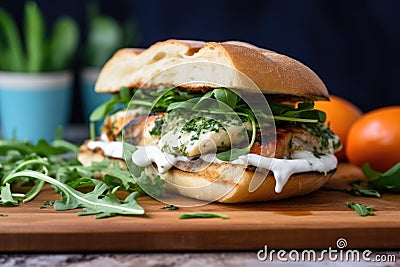 monkfish sandwich with fresh herbs and garlic aioli Stock Photo