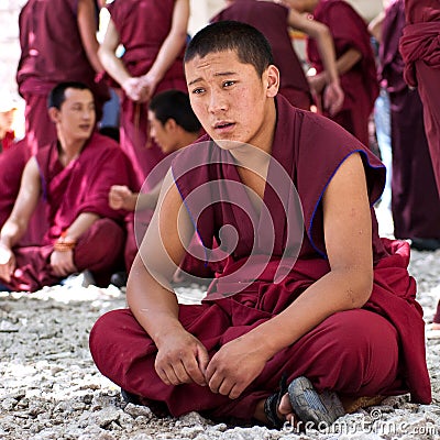 Monks debating in Sera Monastery, Tibet Editorial Stock Photo