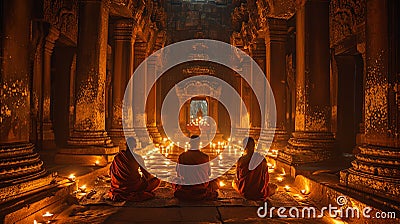 Monks Meditating in Ancient Temple Stock Photo